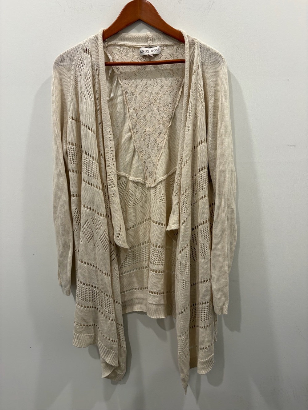 Knox Rose Beige flowy oversized Open-Front Lace-Back Knit Cardigan